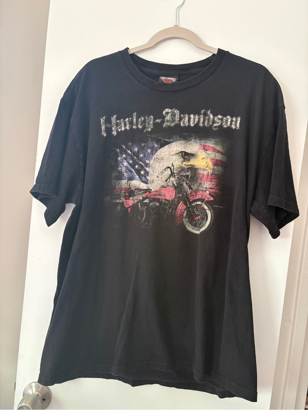 Harley-Davidson Black Tee with Eagle, Flag & Red Motorcycle Graphic